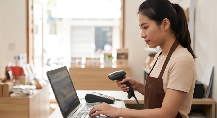 Chủ cửa hàng sử dụng máy quét mã vạch và phần mềm quản lý trên máy tính để kiểm soát tồn kho