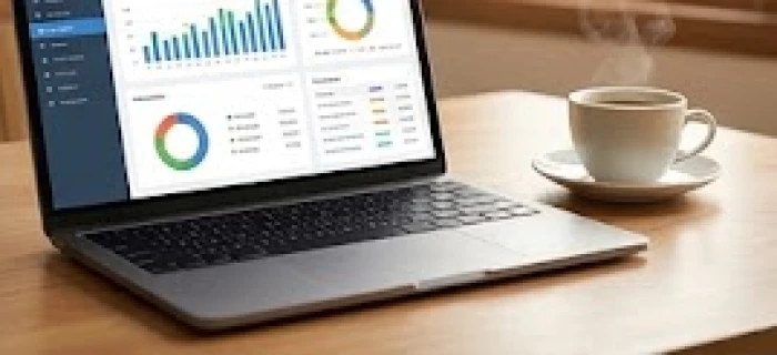 Màn hình máy tính hiển thị biểu đồ tài chính và công cụ kế toán chuyên nghiệp trên bàn làm việc