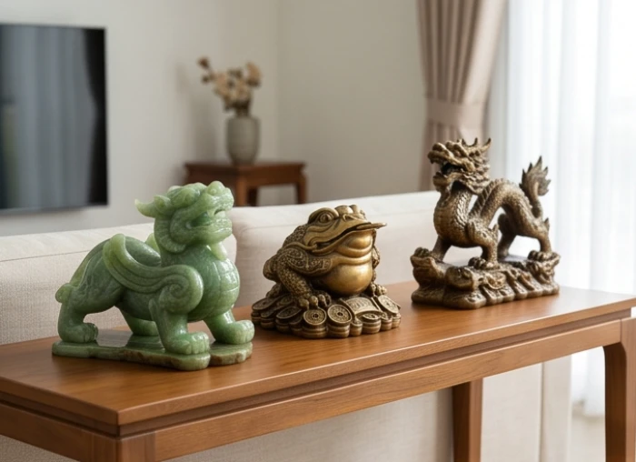 Hai nhóm tượng phong thủy chiêu tài và hóa sát được sắp xếp trang trọng trên kệ phòng khách