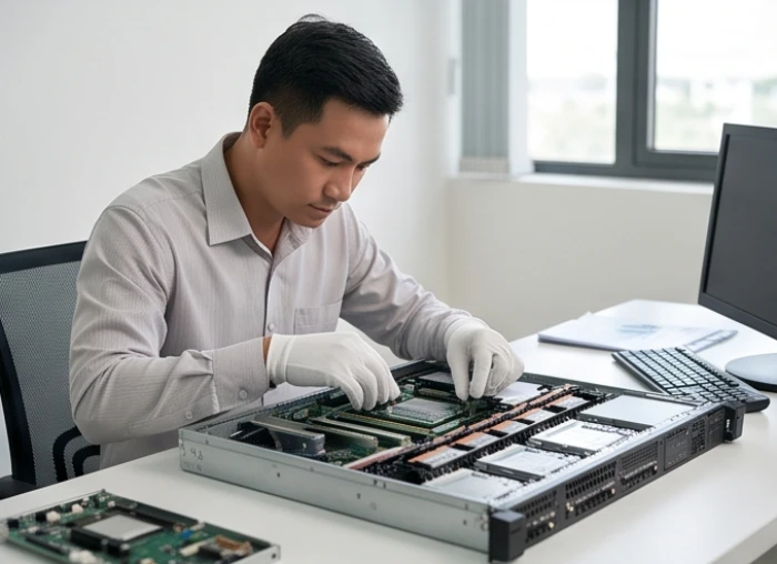 Chuyên viên kỹ thuật kiểm định linh kiện điện tử cao cấp trong phòng làm việc của công ty công nghệ