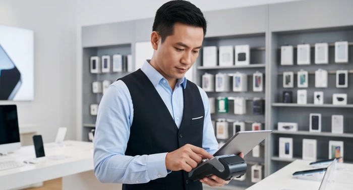 Chủ cửa hàng công nghệ sắp xếp các thiết bị số thông minh tại showroom nhằm chuẩn bị cho đợt phân phối sản phẩm mới