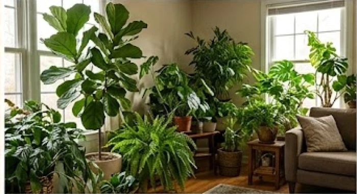 Không gian sống bị ngột ngạt do bố trí quá nhiều chậu cây xanh lớn che khuất hoàn toàn ánh sáng tự nhiên