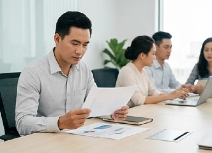 Nhóm làm việc đang chờ một nam nhân viên phân tích cẩn thận tài liệu trên bàn