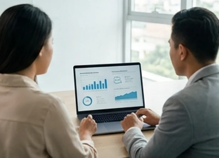 Quản lý sản phẩm trẻ đang phân tích biểu đồ tăng trưởng chiến lược tiếp thị số cùng cộng sự