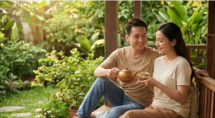 Đôi vợ chồng hạnh phúc cùng nhau đọc sách và trò chuyện thư thái bên hiên nhà yên bình