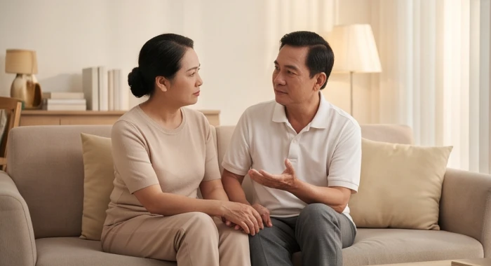 Hai vợ chồng tuổi Nhâm Tý 1972 cùng ngồi suy ngẫm trong phòng khách yên tĩnh để giải quyết các áp lực gia đình