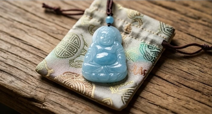 Mặt Phật bản mệnh A Di Đà được tạc tinh xảo từ đá tự nhiên màu xanh dương đặt trang trọng trong túi gấm