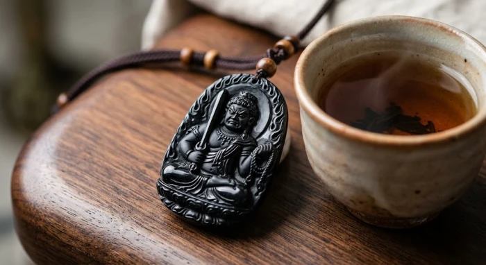 Mặt dây chuyền phật bản mệnh ất dậu 1945 chế tác từ đá obsidian đen minh họa vật phẩm bình an
