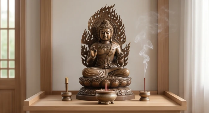 Bức tượng Phật Bất Động Minh vương trang nghiêm đặt trên bàn thờ hướng Đông giúp người cao tuổi tâm trí bình an