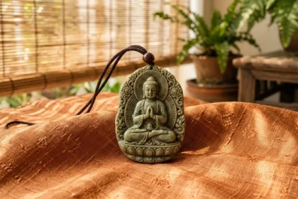 Mặt dây chuyền phật bản mệnh tuổi hợi chạm khắc từ đá tự nhiên nguyên khối đặt trên nền lụa tơ tằm truyền thống