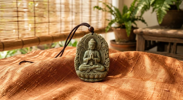 Mặt dây chuyền phật bản mệnh tuổi hợi chạm khắc từ đá tự nhiên nguyên khối đặt trên nền lụa tơ tằm truyền thống