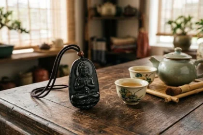 Mặt dây chuyền phật bản mệnh tuổi mùi chạm khắc tinh xảo từ đá phong thủy tự nhiên đặt trên đài sen