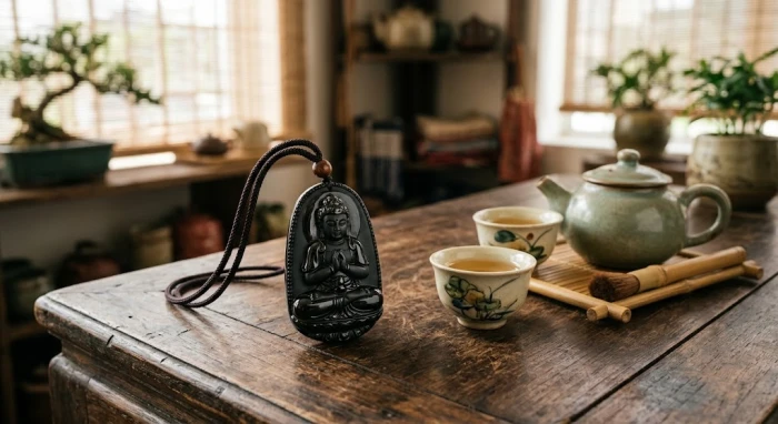 Mặt dây chuyền phật bản mệnh tuổi mùi chạm khắc tinh xảo từ đá phong thủy tự nhiên đặt trên đài sen