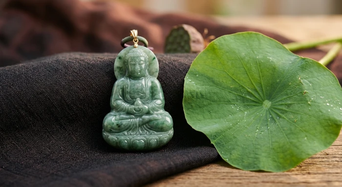 Mặt đá phật bản mệnh tuổi ngọ chạm khắc tinh xảo hình Đại Thế Chí Bồ Tát đặt trên lụa tơ tằm