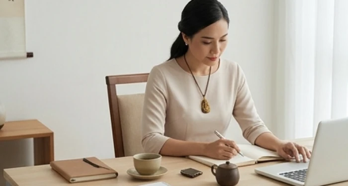 Doanh nhân đeo phật bản mệnh tuổi ngọ giữ tâm thế bình tĩnh và sáng suốt trong không gian làm việc