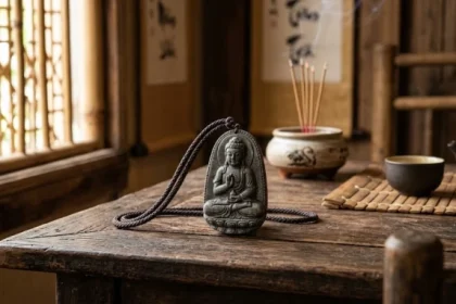 Mặt dây chuyền phật bản mệnh tuổi sửu chạm khắc Hư Không Tạng Bồ Tát bằng đá tự nhiên đặt trên đài sen