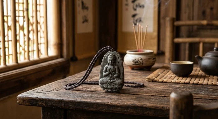 Mặt dây chuyền phật bản mệnh tuổi sửu chạm khắc Hư Không Tạng Bồ Tát bằng đá tự nhiên đặt trên đài sen
