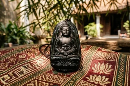 Mặt dây chuyền phật bản mệnh tuổi thân bằng đá obsidian đen tự nhiên được chạm khắc tinh xảo