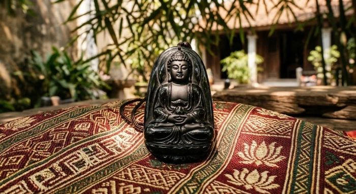 Mặt dây chuyền phật bản mệnh tuổi thân bằng đá obsidian đen tự nhiên được chạm khắc tinh xảo