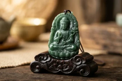 Mặt dây chuyền phật bản mệnh tuổi tuất bằng đá cẩm thạch xanh ngọc bích chạm khắc tinh xảo đặt trên bệ gỗ trắc