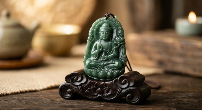 Mặt dây chuyền phật bản mệnh tuổi tuất bằng đá cẩm thạch xanh ngọc bích chạm khắc tinh xảo đặt trên bệ gỗ trắc