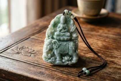 Tượng đá tự nhiên điêu khắc phật bản mệnh tuổi tỵ tinh xảo đặt trên bệ gỗ mộc mạc