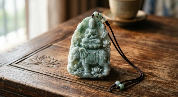 Tượng đá tự nhiên điêu khắc phật bản mệnh tuổi tỵ tinh xảo đặt trên bệ gỗ mộc mạc