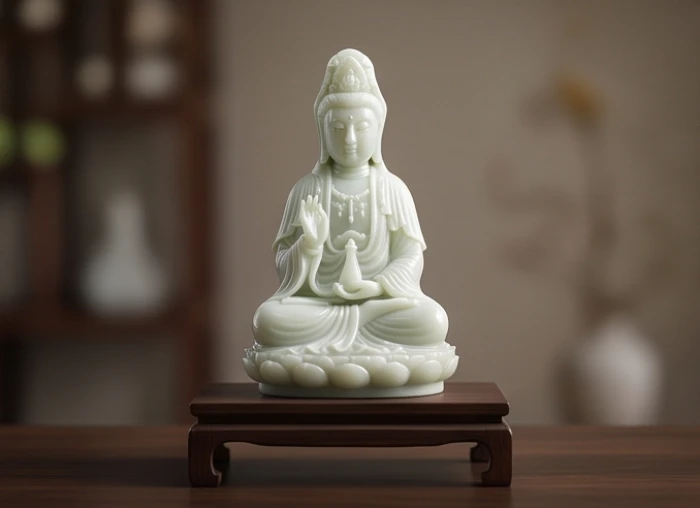 Bức tượng Phật Đại Thế Chí Bồ Tát nhỏ bằng ngọc trắng tĩnh tại trên chiếc bệ gỗ lim tỏa ra năng lượng bình an sâu sắc
