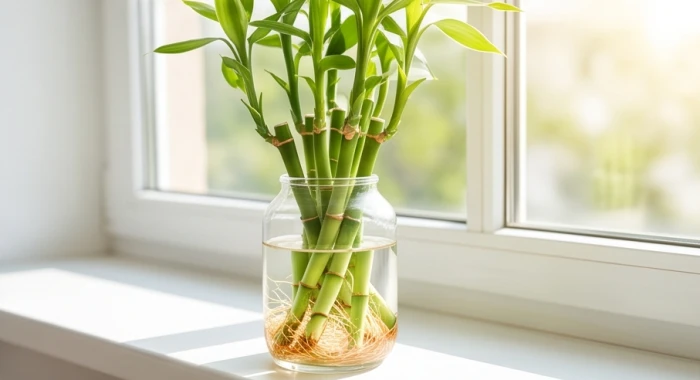 Bình thủy tinh trong suốt trồng cây phát tài búp sen với bộ rễ trắng khỏe bồng bềnh trong nước trong vắt