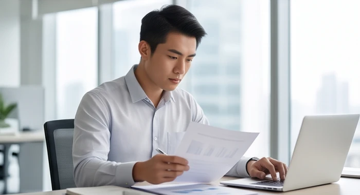 Nam giới trẻ tuổi đang tập trung nghiên cứu tài liệu và làm việc bên chiếc máy tính xách tay