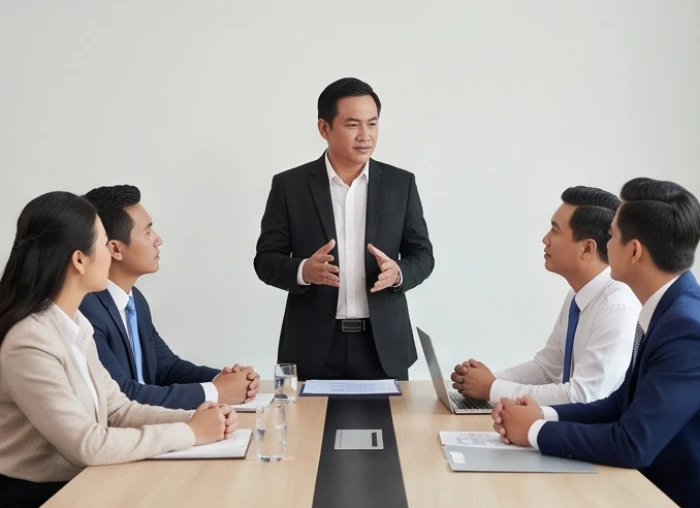 Doanh nhân nam Ất Dậu thành đạt điều hành cuộc họp thảo luận chiến lược dài hạn cùng các đối tác trong văn phòng hiện đại