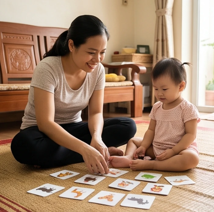 Hai mẹ con đang tương tác vui vẻ qua trò chơi ghép tranh giúp kích thích khả năng ghi nhớ và tư duy logic cho trẻ