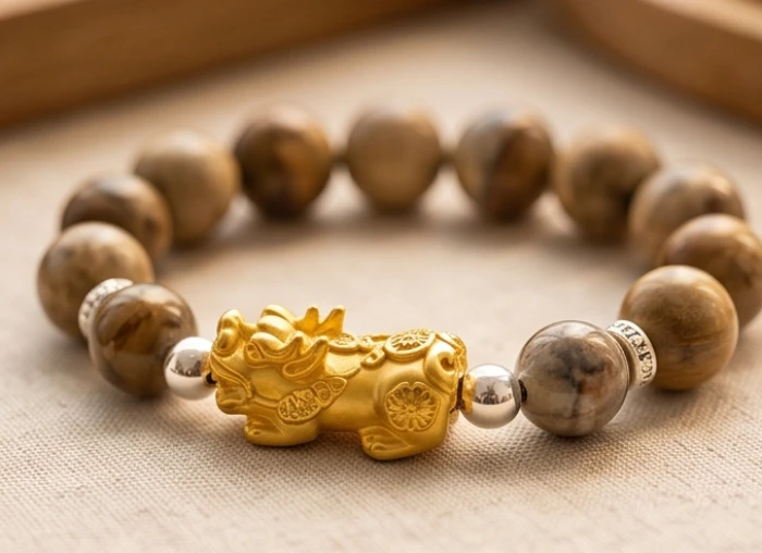 Chuỗi vòng đá tự nhiên được phối thêm charm tỳ hưu vàng cùng hạt bi bạc tinh xảo