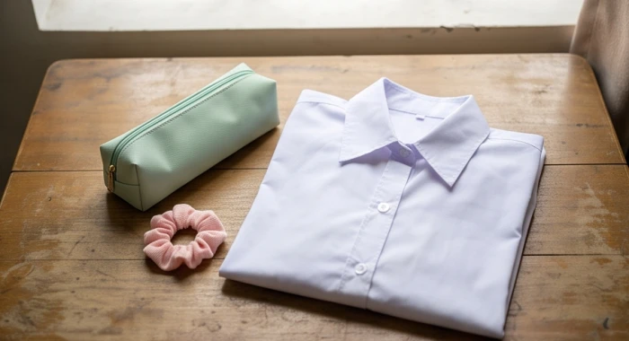 Bộ trang phục sơ mi trắng lịch sự kèm hộp bút màu xanh lá và dây buộc tóc màu hồng đi thi