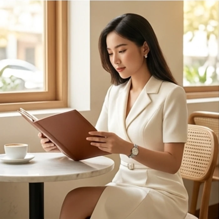 Nữ giới tuổi bính tý diện trang phục váy màu trắng kem thanh lịch trong buổi gặp gỡ đối tác