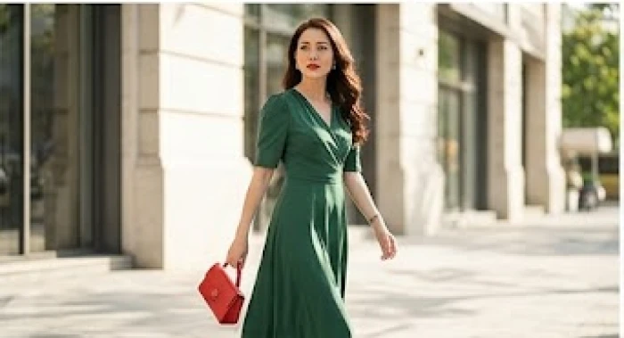 Nữ giới diện trang phục sắc xanh chủ đạo kết hợp cùng phụ kiện tông đỏ rực rỡ