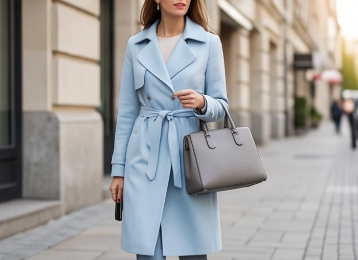 Người phụ nữ mặc chiếc áo khoác mỏng màu lam nhạt kết hợp với túi xách xám ghi khi dạo bước trên phố