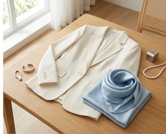 Set đồ du xuân màu trắng ngọc trai phối điểm nhấn xanh lam trẻ trung cho tuổi Giáp Thân 2004