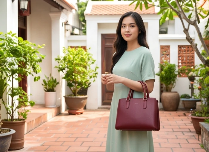 Bộ trang phục nhã nhặn kết hợp đầm xanh lá mạ và túi xách màu đỏ rượu cho ngày khai trương