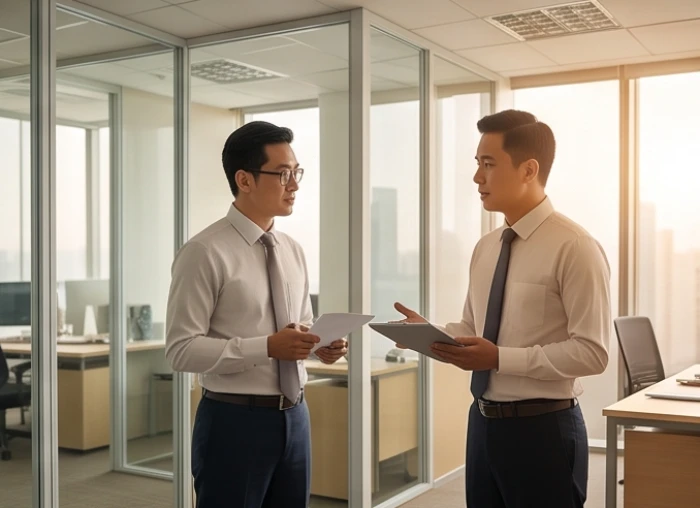 Hai đối tác làm ăn đang kiểm tra báo cáo thu chi hàng tuần trong văn phòng làm việc độc lập và gọn gàng