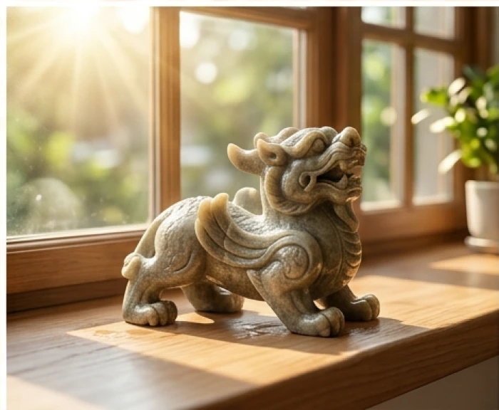 Tượng tỳ hưu bằng đá sau khi lau chùi sạch sẽ được phơi dưới ánh nắng dịu nhẹ của buổi sáng cạnh cửa sổ thoáng đãng