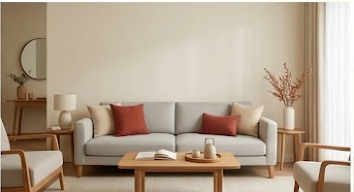 Phòng khách chuẩn tỷ lệ 60 sơn vàng kem 30 sofa xám và 10 gối tựa cam đất hợp tuổi Bính Thìn 1976