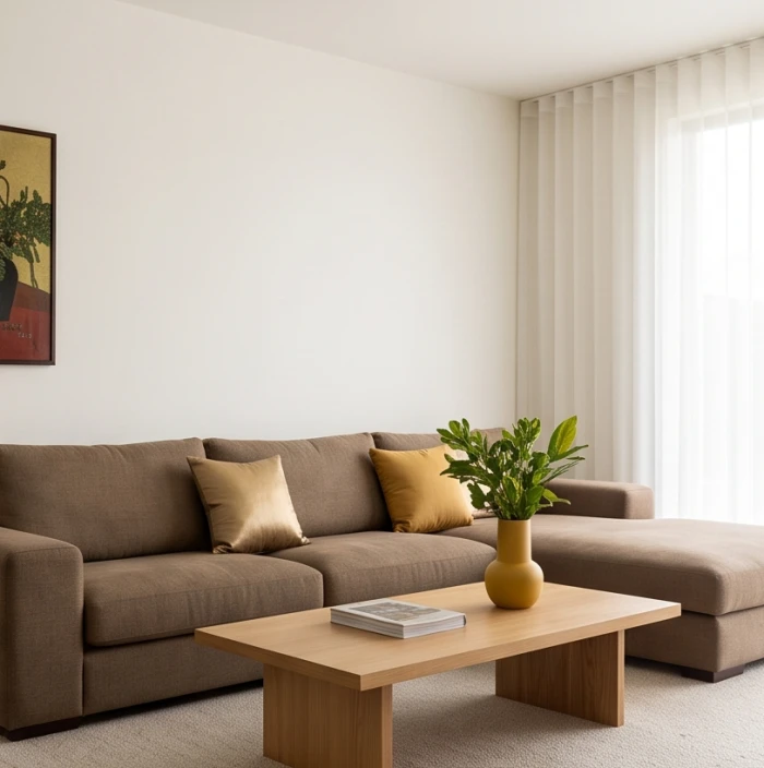 Phòng khách 20m2 ứng dụng chuẩn tỷ lệ 60 30 10 với tường kem sofa nâu đất và gối trang trí điểm nhấn