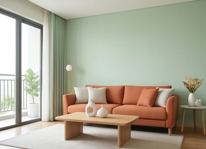 Phòng khách chuẩn phong thủy cho tuổi giáp tuất 1994 với tường xanh nhạt và sofa cam đất điểm nhấn