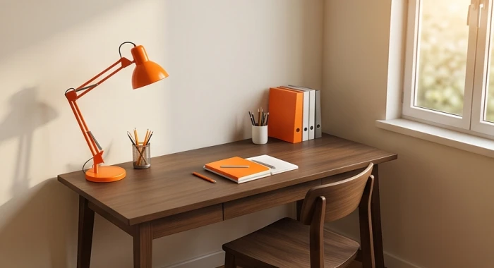 Góc học tập phối màu tỷ lệ chuẩn với tường màu kem và nội thất gỗ nâu hài hòa cho tuổi bính tuất