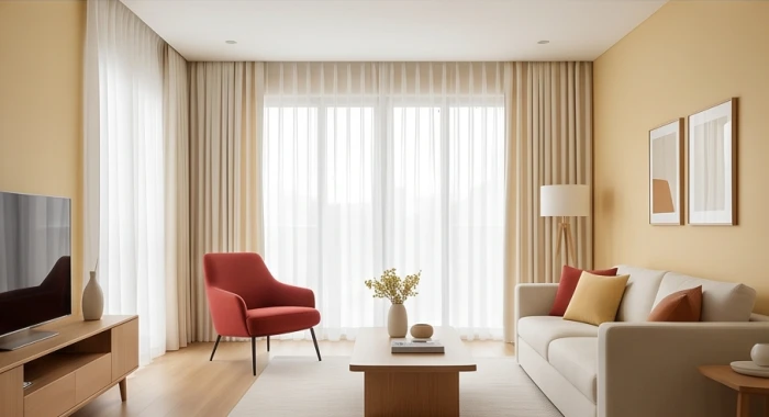 Phòng khách phối tường vàng cát 60% và rèm trắng 30% hóa giải ghế sofa đỏ 10% cho gia chủ mệnh Kim