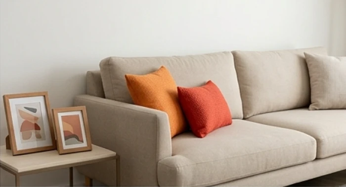 Góc sofa phòng khách màu trung tính trang trí gối tựa và khung tranh nhỏ tạo điểm nhấn màu sắc dưới 5%