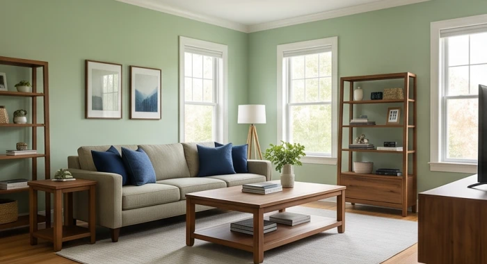 Phòng khách ứng dụng quy tắc 60 30 10 với tường xanh lục nhạt, sofa nâu gỗ và thảm xanh dương điểm nhấn