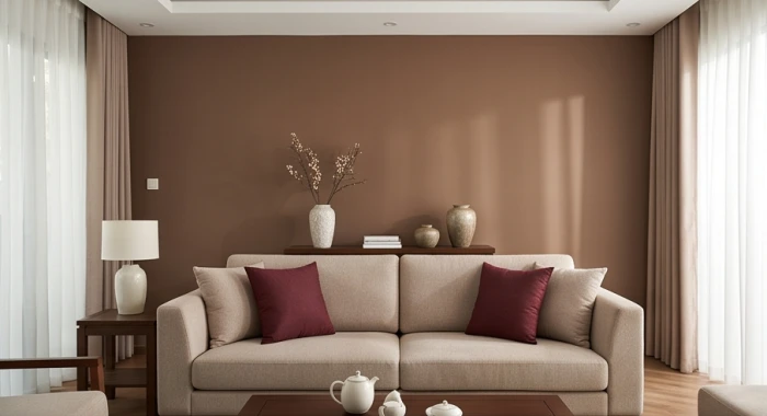 Phòng khách gia đình ấm cúng với tường màu nâu sẫm điểm xuyết sofa đỏ thẫm theo quy tắc phối màu 60-30-10