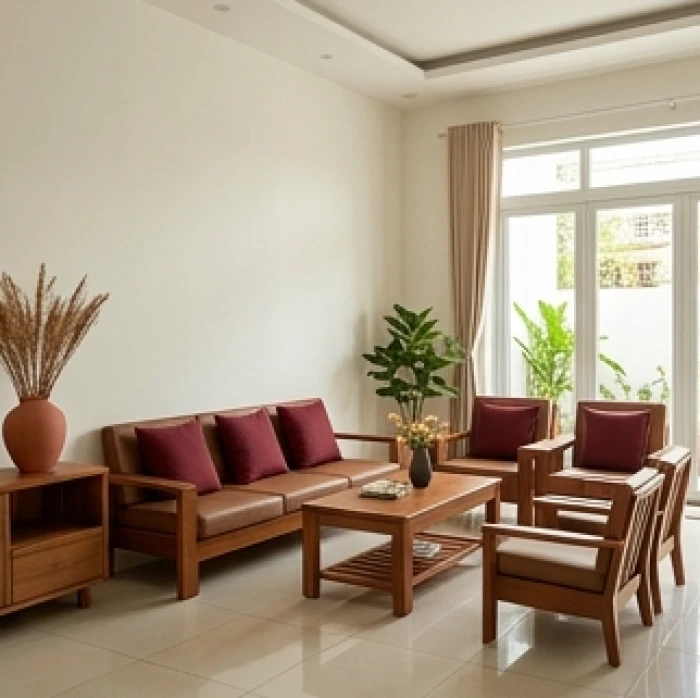 Phòng khách chuẩn quy tắc 60 30 10 với tường kem sofa nâu và gối tựa đỏ đô hài hòa cho chủ nhà canh tý 1960